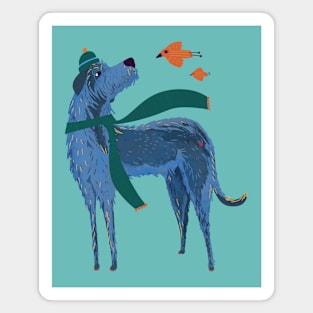 Irish Wolfhound in Winter Hat and Scarf with Bird friends Magnet